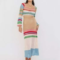 Ljetne haljine za žene s dugim rukavima Stripe uzorak izdubljena haljina U-izrez Mini Slim Fit Y2K moda