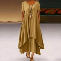 Shiusina Žene Ležerne prilike sa čvrstim haljinama V-izrez kratki rukav nepravilan labav duga haljina