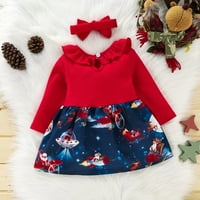 Baby Girl Božićna haljina dugi rukavi Santa Print Princess Patchwork haljine + traka za glavu Zima Djevojčica