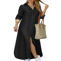 Bomotoo ženska haljina za majicu Lapel Sexy Maxi haljine Kuća za odmor s dugim rukavima Dress Crna siva