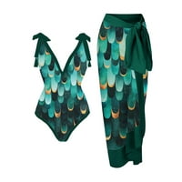 JSAierl Ženska odjeća za kupanje TUMMY Control Vintage Print Strappy Bikini Tankini i šifon Poklopac za savlačenje Maxi suknje