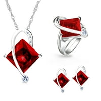 Uloveido ženski Crveni kristal Veliki kvadratni ogrlica sa ogrlicama i naušnicama Prstenje za djeveruše