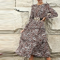 Haljine za žene Žene Modni ležerni otisnuti okrugli vrat Leopard Print Ruffled haljina s dugim rukavima