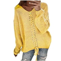 Ženski pad džempera ženske modne džemper s dugim rukavima, duks pletena V-izrez prodaja ili čišćenje žuta