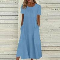 Ženska ljetna casual moda Solid Boja kratki rukav džep okrugli vrat Džepne haljine plave l