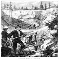 Rudarstvo u Kaliforniji, C1880. Nhidraulično miniranje u Kaliforniji. Graviranje drveta, C1880. Poster