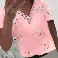 Valentinene majice za žene udobne casual bluze slatkim srčanim vrhovima čipke Crochet odjeću za djevojke kratki rukav majica V-izrez majica ružičasti l rolacks
