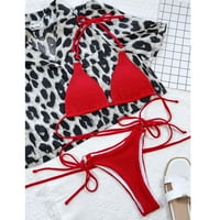 Bikini set za ženski string Halter trokut kupaćih komisija rebrasta čvrsta boja čipkani tangi seksi kupaći kostimi dva kupaća odijelo crvena l