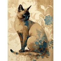 Tonkinena mačka s plavim cvijećem Moderna ilustracija akvarelskog ilustracije Veliki zidni umjetnički