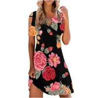 Lopecy-Stare Ležerne haljine kratki rukav cvjetni print haljine za žene Ljeto Crno - XL