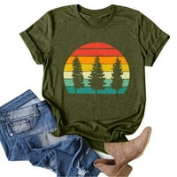 Thirts majice za žene Vintage Print Camping Print Solid Boja Kratki rukav Basični vrhovi zeleni m