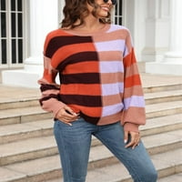 Ženska boja posada boja blok prugasti patchwork pleteni džemper narančasta l