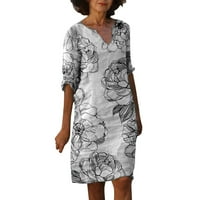 Ženska casual haljina kratke žene casual retro cvijeća print v vrat pamuk posteljina srednja duljina