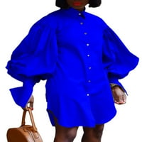 Cindysus ženska kratka mini haljina rever košulje haljine pune boje labave zabave s dugim rukavima plava