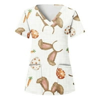 Ljetna bluza Ženska moda Uskrsni ispis Kratki rukav V-izrez V-izrez Radni džep bluza Dame Top Bijela