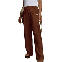 Hlače za žensku modnu modnu solidnu boju elastična struka pamučne posteljine labave džepne casual pantalone