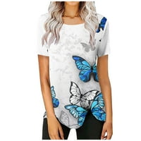 Košulje za žene Ženski ljetni okrugli vrat kratki rukav leptir tiskani majica pulover TOP SKY BLUE S