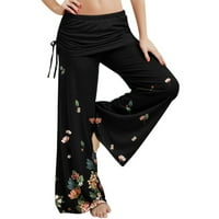 Žene casual pantalone Gradijent cvjetni print joga srednje struk fladjeli ravna noga pantalona crne