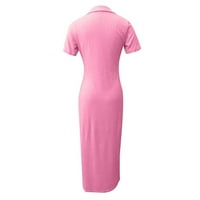 Haljine za odmor za žene Ljeto Ležerne prilike na plaži Kratki rukav Sund-down ovratnik Solid Split Haljina Boho cvjetna haljina Pink XL