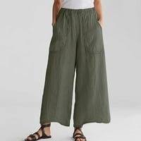 Ženske pamučne i posteljine casual pantalone s velikim džepovima opušteno fit solidne boje elastične
