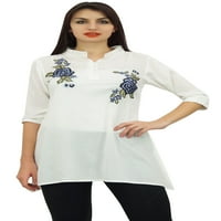 Phagun ženska rukava bijela košulja pamučna modalna ruža vezena tunika top-14
