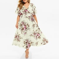 Plus veličina haljine za žene cvjetne tiskane ležerne haljine s kratkim rukavima V-izrez