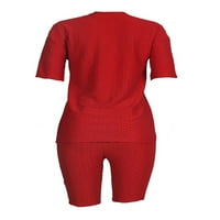 REJLUN Žene Duks Solid Boja Dva odijela Kratki rukav Jogger Set Ladies Mini pantalone Postavljaju crvene