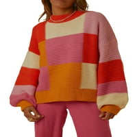 Modna ženska boja blok plairana pleteni pleteni džemper CREW CACT TALNORN LONTER LONDER VINTAGE COLTAGECORE