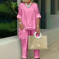 BDFZL WMEN Clearsance Ženska puno pamučna posteljina okrugla izrez dugih rukava labava casual set Pink