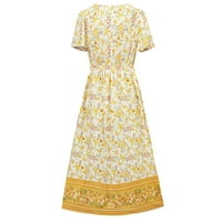 Ljetne haljine za žene srednje duljine kratki rukav modni modni linijski ispisani V-izrez haljina žuta