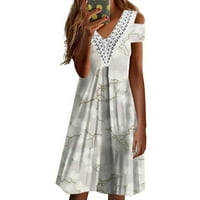 Ljetne haljine za ženske čipke čipke kratkih rukava imitacija pamučne haljine za ispis Beige S