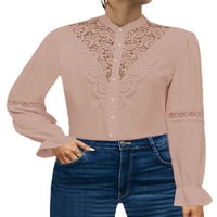 Paille ženske bluze gumne dolje majice dugi rukav vrhovi šupljih tuničkih košulja za posadu ružičaste