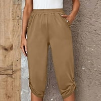 ylioge ženske ravno normalne struk hlače od pune boje opuštene fit capri izlaze hlače čipke džepove