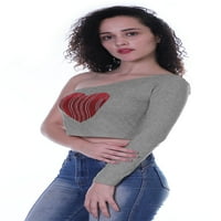 Moomaya ženski jedno rame u obliku punog rukava vrh W Sequin Heart Motif Patch Patchy majica
