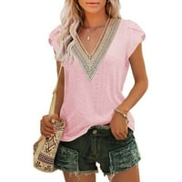Ženske vrhove bluza Labavi kratki rukav, majica s kratkim rukavima, majica V-izrez ljetna ružičasta