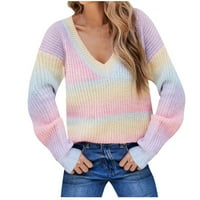 Juebong Božićne ponude Modne žene Print Rainbow dugih rukava pourve V-izrez duks džemper, ružičasti,