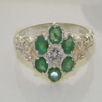Sterling Silver Prirodni smaragdni i dijamantni ženski prsten za klaster - veličina 4
