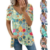 Ženska modna casual sa patentnim zatvaračem V-izrezom tiskane s kratkim rukavima s kratkim rukavima, bluza XL