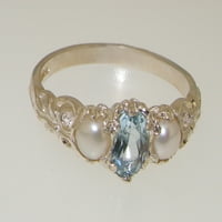 Britanci napravio je 10k bijeli zlatni prirodni akvamarin i kultivirani biserni ženski prsten - veličine