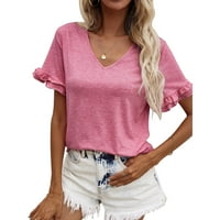 Ženska ljetna puna boja slatka kratka rukava čipka V-izrez labava majica