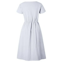 Cleance Summer haljine za žene Čvrsti V-izrez A-line dužine koljena plaža Kratka rukava haljina vina