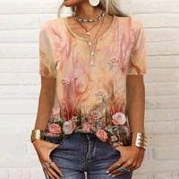 Hanas vrhovi ženske modne ljetne košulje, cvijeće i retro tisak majice kratkih rukava, Henley gumb Okrugli