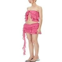 Carolilly Women Ljeto odijelo Čvrsto kolor proreza šifon bandeau i elastična neregularna mini ruffle
