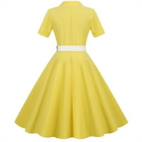 Podplap haljina za žene, ženska puna boja retro kratkih rukava s kratkim rukavima, žuta haljina, žuta