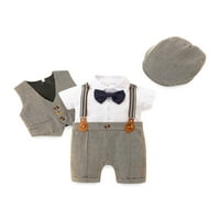 Xkwyshop Baby Boy Outfits Postavi kratki rukav džentlmen kombinezon + prsluk + kaput + berets sa lukom za kravatu Siva 0- mjeseci