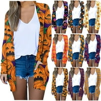 MLQIDK Halloween Cardigan za žene Trendy s dugim rukavima Cardigan Black Cat Bat Ghost bundeve Print