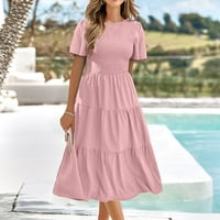 Ediodpoh Ženska ljetna casual lepršava kratki rukav V izređena elastična elastična struka Srednja haljina Pink Pink XL