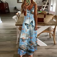 Aoujea Ljeto Maxi haljina za žensko odobrenje moda plus veličine Sling Srednji struk V-izrez bez rukava na prugama tanka plaža duga haljina