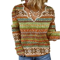 Ženske boemske džempere vrhovi pulover retro casual print V-izrez dugih rukava izvezene bluze za bluzu