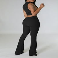 Biayxms Women Outfits Solid Boja rebraste obrezirane vrhove i elastične pantalone za elastične pantalone
